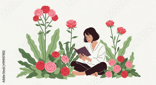 Woman sitting cross legged reading book surrounded by vibrant pink and red roses in a serene garden setting with lush greenery