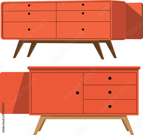 Modern orange sideboard cabinet furniture set with drawers and doors, stylish home storage interior design element isolated on white background