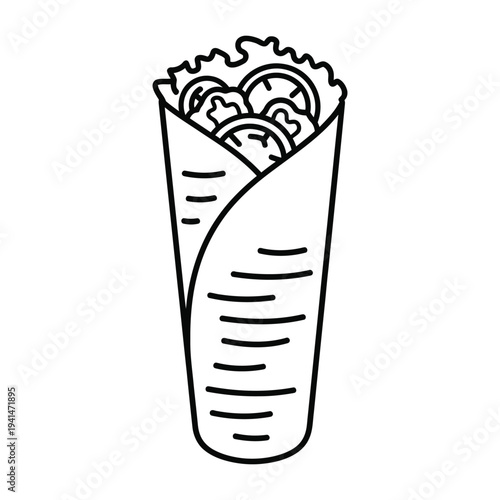 Detailed shawarma wrap outline illustration for street food stall and mediterranean restaurant menu graphics