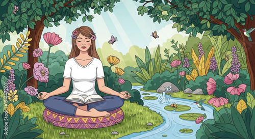 Woman meditates in serene garden with stream and flowers practicing mindfulness and relaxation outdoors