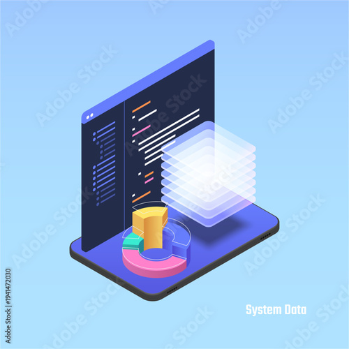 System data flow and digital processing. Vector isolated tablet with programming code on screen and chart. Server connections and cloud icons interface. Dataset transmission and IT infrastructure