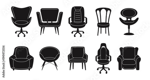 Chair silhouettes set. Vector isolated collection of diverse furniture designs. Wooden leg and metal frame armchairs, modern office seats and stools. Interior design projects and furniture branding