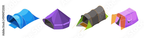 Tunnel style camping tents with elongated rectangular form. Vector isolated shelters set. Outdoor camping, expedition trips and long term travel elements. Construction for group accommodation