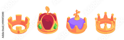 Princess or queen wealthy decor with gemstone or diamonds. Vector isolated elegant crowns made of gold. Precious stones and wealthy jewelry for nobility and royal family. Treasure of monarch power