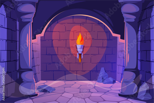 Underground brick made chamber with torchlight. Vector cartoon castle room interior design with stone arches and columns. Adventure scenes and dungeon crawlers. Magical fantasy artwork