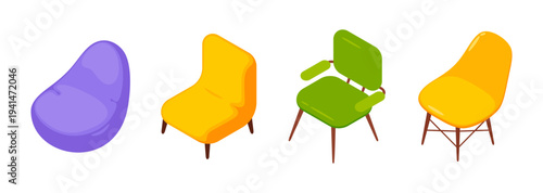 Chair types set in isometric style. Vector isolated office or home seats with wooden legs. Cozy upholstered armchair and bean bag lounge. Interior design and furniture catalogs elements