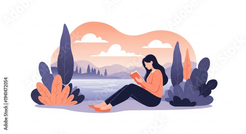 Woman sitting by serene lake reading book at sunset with mountains in background and plants around her