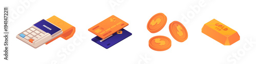 Financial assets and money, wealth and economy. Vector isolated isometric calculator and credit cards, coins and gold. Saving, investment and earning, banking and business. Capital and properties