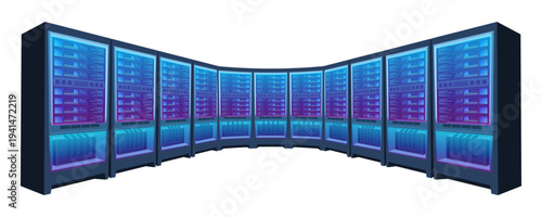 Large system wall. Vector isolated racks filled with servers. Technology, network infrastructure and data storage. Electronic equipment for IT, tech and educational projects. Computing environments