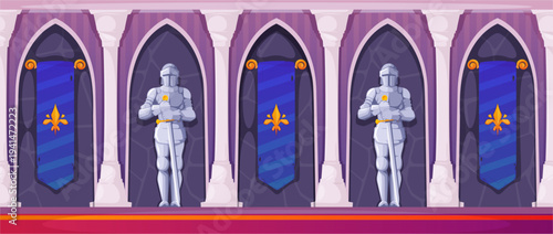 Castle corridor interior. Vector hallway with arched wall niches and decorative flags with sword symbols, statues of knights in armor holding swords. Fantasy projects and medieval game design