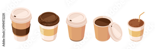 Take away hot and ice caffeine beverages set. Vector isolated cool drink glass with straw and classic brewed coffee to go. Menu design element for cafes and restaurants, coffeehouses and shops