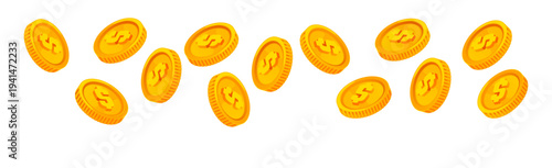 Financial assets, flying gold coins with dollar symbols. Vector isolated golden pieces falling. Economy and wealth, richness and banking. Payment or saving of precious metal. Growth and stability