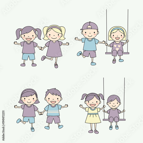 Charming vector illustration depicting a diverse group of happy children playing together, swinging, and holding hands, symbolizing the concepts of friendship, joy, and carefree childhood