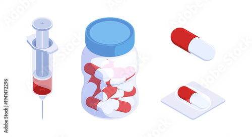 Syringe with liquid, capsules in bottle, blister pack and loose tablets. Vector isometric medical supplies, pharmaceutical packaging and healthcare. Medical and pharmacy design, education and health