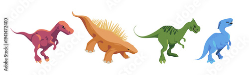 Extinct animals with claws and tails, isolated isometric dinosaurs from prehistoric period or times. Vector dangerous type of dromaeosaurid genus. Paleopathology and wildlife fauna of past