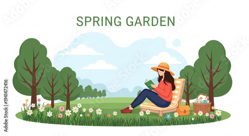 Woman relaxing in spring garden with flowers trees and picnic basket enjoying outdoor leisure