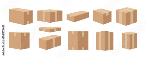 Cardboard boxes for packing and delivery of items and goods. Vector isolated closed parcels collection with no logos or text, fulled paper bags with tapes for moving out or transportation