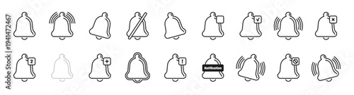 Bells notification icons for phones or computers apps, isolated important alerts. Vector monochrome reminders, updates or new activities. Chat request or message in social media platforms
