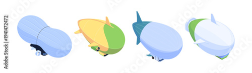Helium airship transport collection. Vector isometric passenger blimps, aviation vehicles. Atmospheric flying commercial planes. Transportation evolution or retro travel illustrations