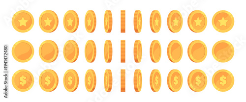 Front and side view of golden coin. Vector isolated money or round metal piece with star and dollar symbol. Financial assets and capital, investment and deposit, currency and commerce market