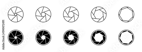 Circular aperture icons. Vector isolated open and closed diaphragm configurations. Photographic equipment glasses front elements. Camera software, exposure guides and technical visual communication