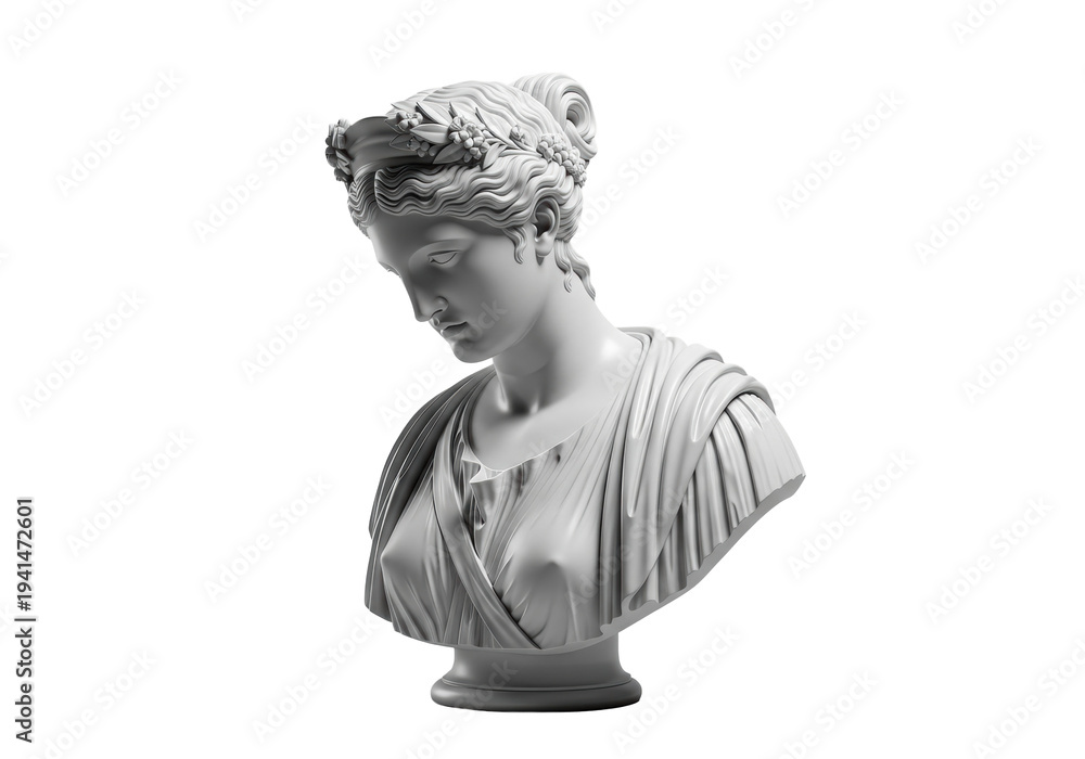 Obraz premium transparent marble bust of classical woman, serene expression, intricate bun, 3/4 view, isolated on transparent background with copy space concept of timeless elegance and beauty