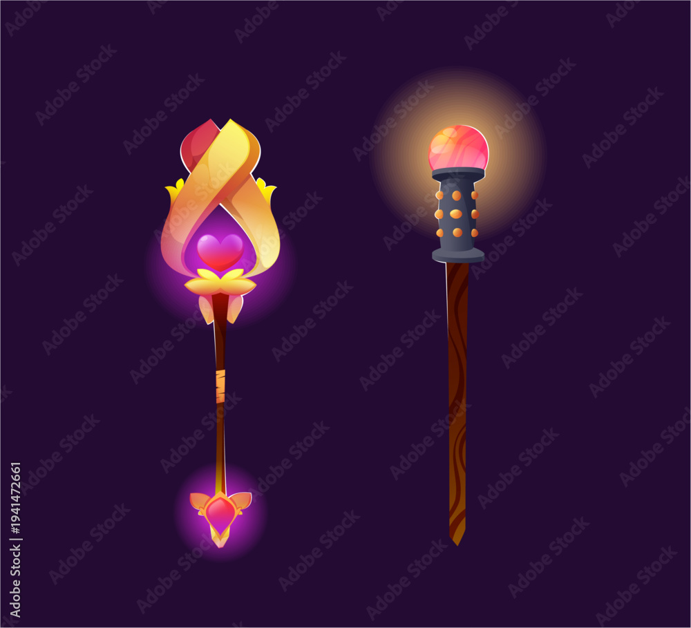 Fototapeta premium Wooden magic staffs with gold and metal, walk sticks or wands with glow gems set. Vector cartoon power canes with crystals. Magician weapon rods for sorcerers, fantasy game assets and equipment