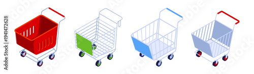 Shopping cart in plastic and metal material. Vector isometric trolleys in different variations. Retail equipment for supermarket, store and ecommerce usage. Online shop design and mobile app interface