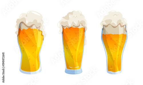 Glasses with bubble amber liquid with foam. Vector cartoon foamy beer mugs collection. Tankards set with alcoholic beverages. Packaging, drink promotions and restaurant design elements