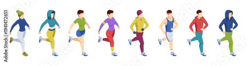 People running in one direction. Vector isolated isometric male and female characters in dynamic motion. Movement and active lifestyle. Fitness and jogging, sport activity and training