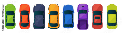 Top view of cars. Vector isolated passenger vehicles on parking or car sales lot. Automobiles set of different models and types. Automotive catalogs and product infographics applications