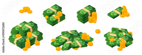 Dollar packs with golden coins. Vector isolated isometric piles of banknotes. Money and wealth, financial stability and growth. Assets for saving or banking, investment and paying for service
