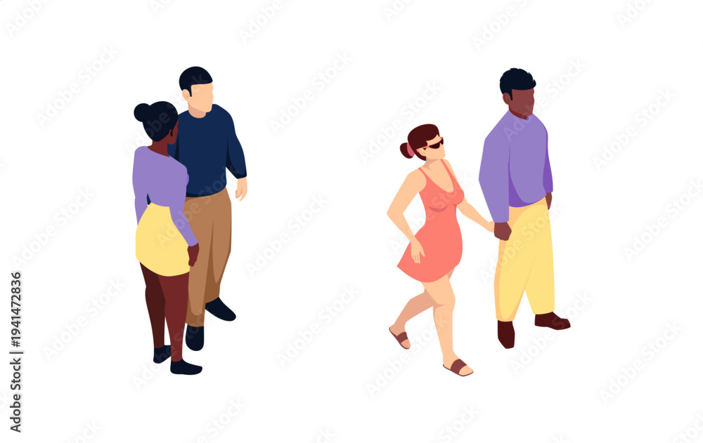 Naklejka premium Couples walking and talking in park. Vector isolated male and female characters in motion. Communication, interaction and social activity in outdoor setting. Movement and casual lifestyle