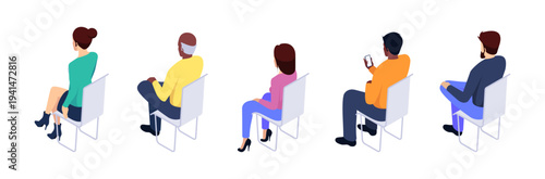 Male and female personage having business training. Vector isolated cartoon characters looking in front of them. Adult students listening conversation or talk. Social gathering or therapy