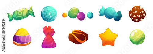 Glazed and chocolate candies set, food for dessert. Vector sweet and tasty meal for children and adults. Shop or store assortment for sweettooth. Bonbon or sugary caramel base, praline and truffle