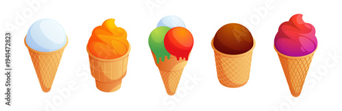 Ice cream in waffle cones and cups. Vector isometric fruits, vanilla and chocolate frozen desserts set. Summer treats and snacks. Food styling and summer refreshment for menus and packaging