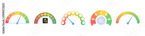 Speedometer icons collection. Vector meters with arrow for dashboard with indicators. Gauge of tachometer. Low and medium, high and risk levels. Scale score of speed, performance and rating
