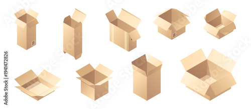 Parcels or isometric carton packages, isolated cardboard boxes with tapes, open containers for goods and orders. Vector mail and postal service, delivery and transportation while moving in