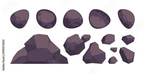 Stones collection, top view. Vector isolated cartoon graphite, coal and rocks or mountain pebble. Solid, naturally occurring substances of minerals. Rounded, rough and jagged blocks of boulders
