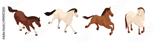 Racing horses in motion, isometric stallions galloping at speed. Vector isolated equine animals with furry coat for race or competition. Strong creatures with muscles, colts or mares mammals