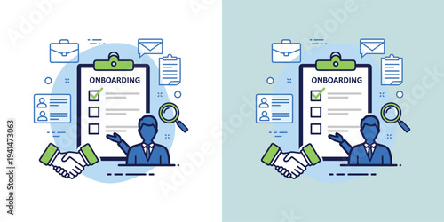 Modern flat line illustration depicting a comprehensive employee onboarding process, new hire orientation, and successful team integration within a business environment