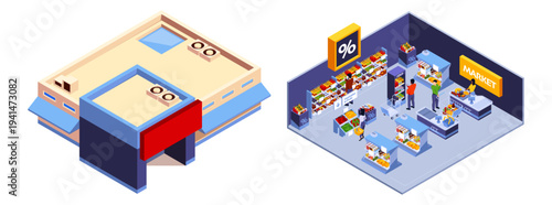 Supermarket top and interior view with product shelves and buyers, checkout and discount sign. Vector store with shopping activity and promotion elements. Retail marketing and shopping environment