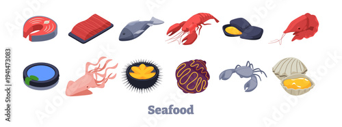 Seafood assortment with marine food elements. Vector isolated fish and tuna, oyster and mussel, lobster and shrimp, seaurchin and salmon. Nutrition and healthy protein source collection