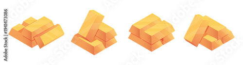Financial assets and richness, isometric stacked golden bars set. Vector wealth and capital, deposit or saving up, earning and capitalization of interest. Banking symbol or good business