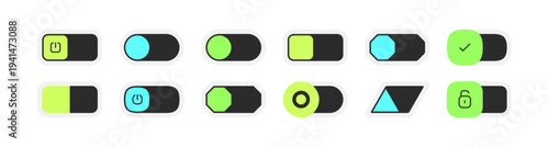 Buttons and switches set with led indicator lights. Vector isolated power, approval and unblocking, reset and mode switches. Industrial UI, control panels or hardware mockups collection
