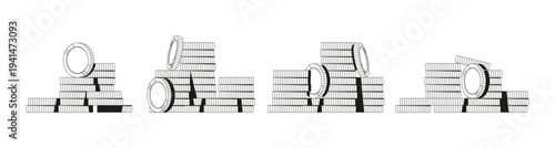 Blank coins are stacked in piles. Vector isolated money heaps in monochrome style. Financial reports, banking materials or personal finance. Investing and accumulating assets. Wealth and richness