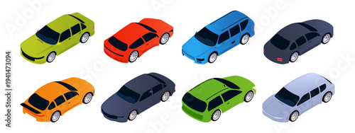 Passenger vehicles set, isolated isometric cars. Vector urban transport layout and automobile types collection. City design or parking plan. Transport map or navigation system elements