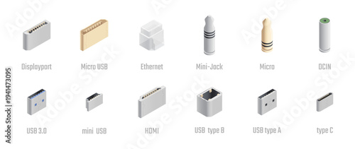 Isometric connectors set. Vector isolated USB and DCIM, mini and HDMI, DisplayPort and micro, ethernet and minijack sockets. Device plugs and cable connections. Technology and organized workspace