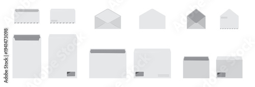 Opened paper envelopes in various standard formats, back and front views. Vector isolation set of letters with open seal flaps. Mail and stationery, branding and correspondence design presentations