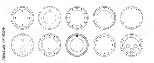 Decorative clock faces without hands. Vector antique, minimalist, and industrial style dials with various numeral systems. Watch part elements collection. Layouts or digital compositions